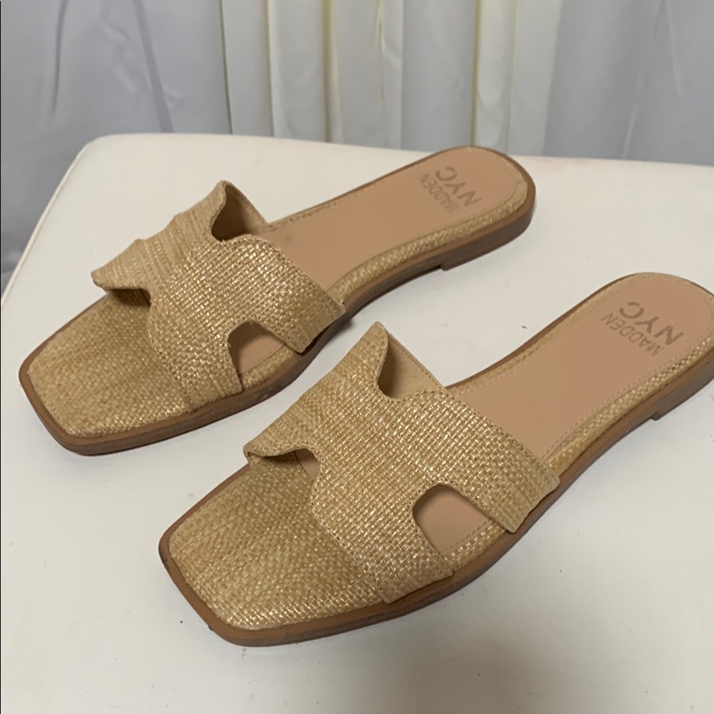 Tan H-Cutout Slide Sandals with Woven Texture